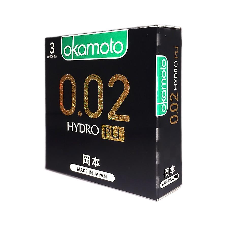 Bao Cao su Okamoto 0.02 PU Siêu mỏng Truyền Nhiệt Nhanh Hộp 3 Cái - Tặng 1 Gói Gel Bôi Trơn Hydro