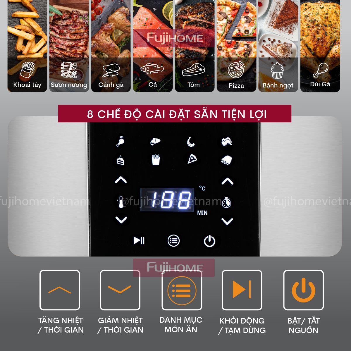Nồi chiên không dầu 10L nhập khẩu Fujihome A10DG, nồi chiên điện tử 10Lít cảm ứng 8 chế độ nấu,tặng kèm kẹp gắp - hàng chính hãng