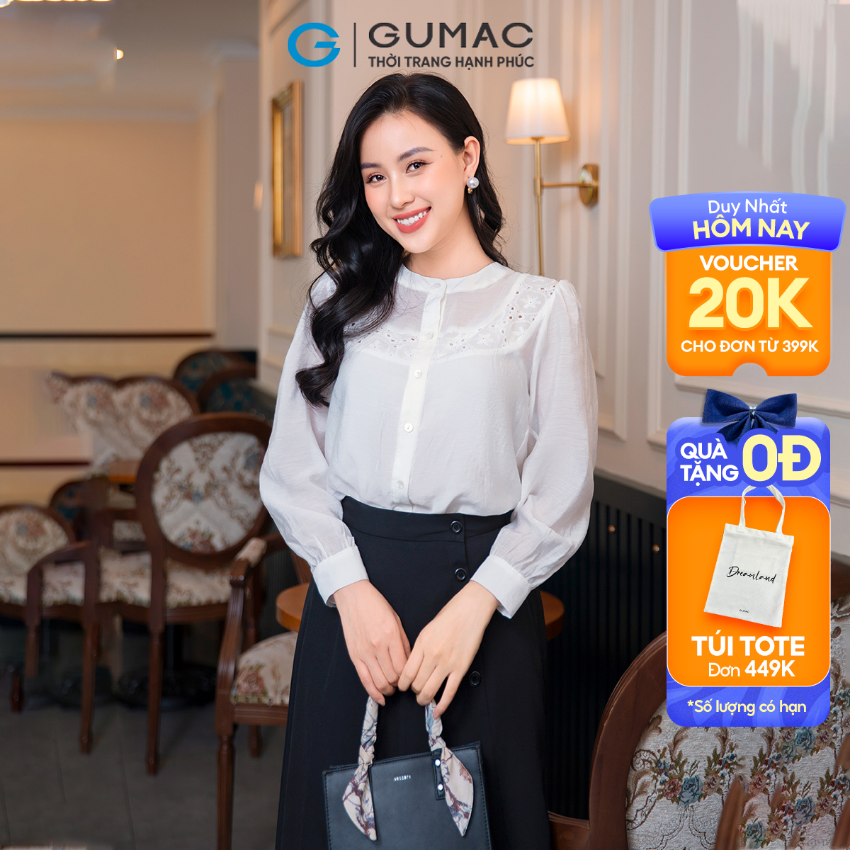 Áo kiểu phối đô vải tơ mềm mát công sở đi tiệc sang trọng thời trang GUMAC AD09052