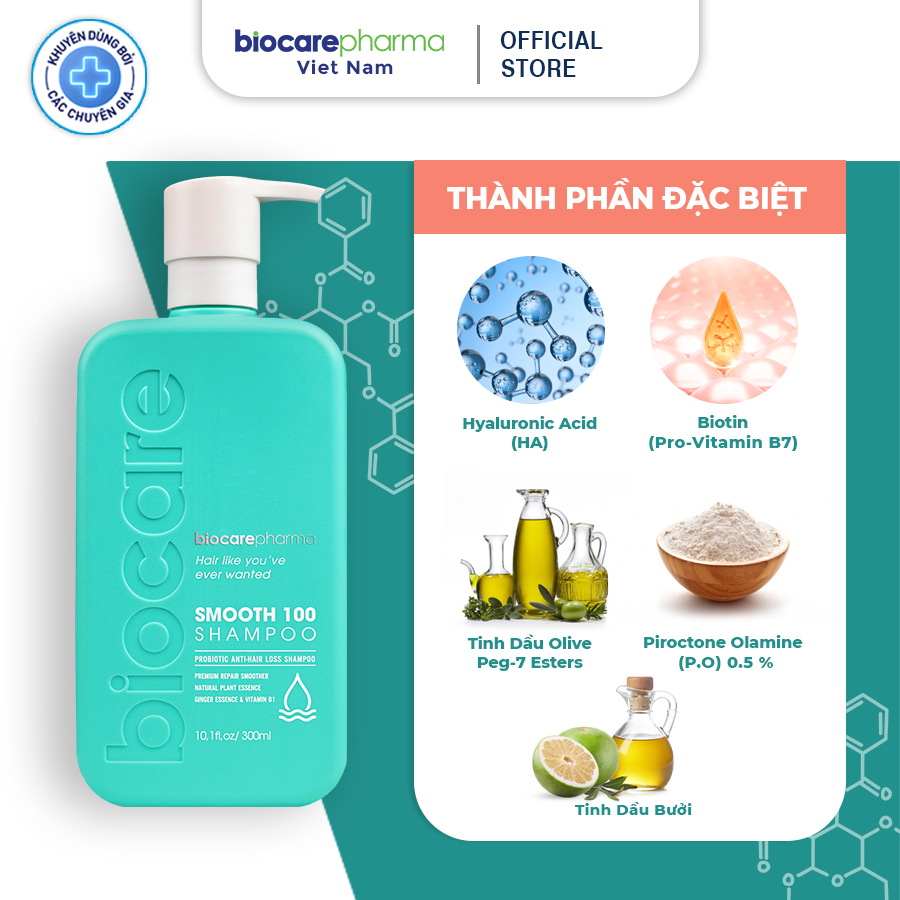 Dầu gội siêu phục hồi khô xơ, ngăn gàu và ngăn ngừa rụng tóc Smooth 100 shampoo - Không silicon, sunfat - Biocarepharma - 300ml.