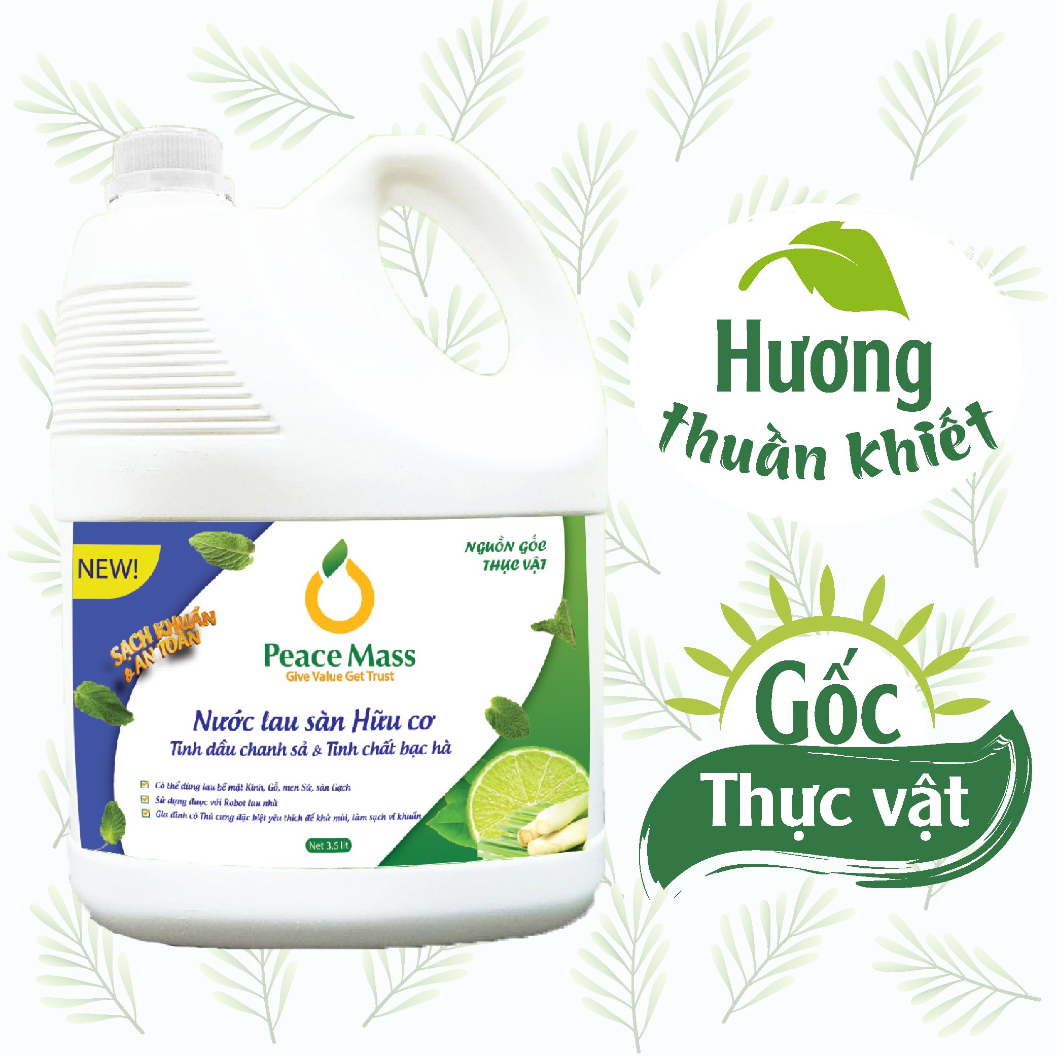 Combo Sản Phẩm Gốc Thực Vật LSB2 Peace Mass - Nước Lau Sàn TD Chanh Sả - Bạc Hà 3.6l + Nước Rửa Tay 340ml