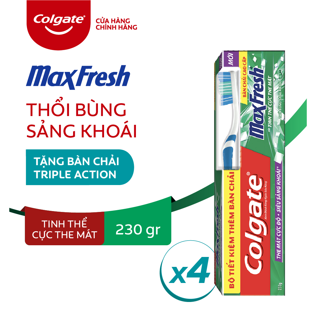 Combo Bộ 4 Kem đánh răng Colgate the mát thổi bùng sảng khoái Maxfresh 230g tặng bàn chải đánh răng lông tơ + tặng 1 Lốc Trident