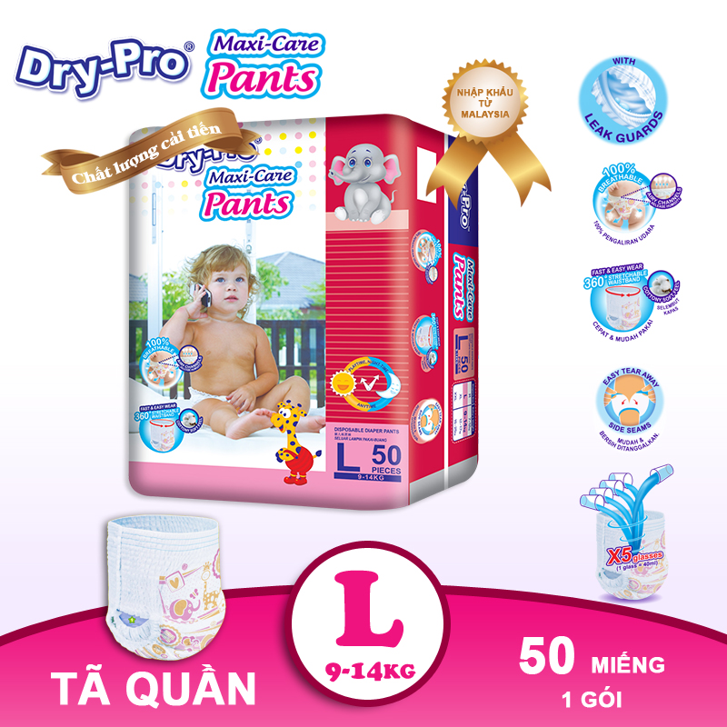 Tã/bỉm quần Dry-Pro siêu thấm hút nhập khẩu Malaysia size L50  - Gói 50 miếng