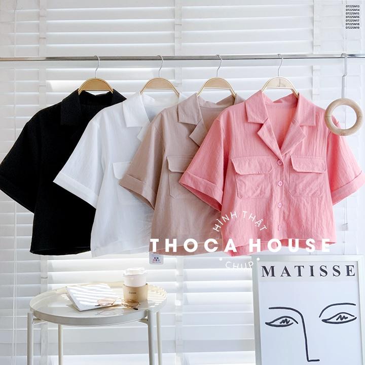 Áo sơ mi nữ croptop công sở cổ vest 2 túi nhiều màu THOCA HOUSE dễ phối đồ, mặc đi làm đi học cực xinh