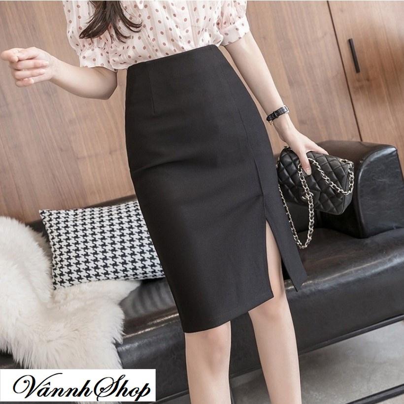 Chân váy bút chì công sở, Dáng ngắn, Màu đen, Dài 53cm Vải kaki thun co giãn thoáng mát New Design