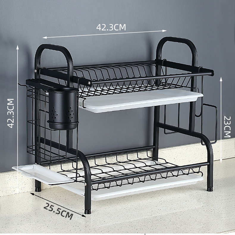 Kệ chén bát đĩa 2 tầng INOX 304 cao cấp sơn đen tĩnh điện kèm khay ráo nước, giá kệ úp bát khô ráo trên bàn bếp gọn gàng, sạch sẽ, kệ đa năng tiết kiệm không gian