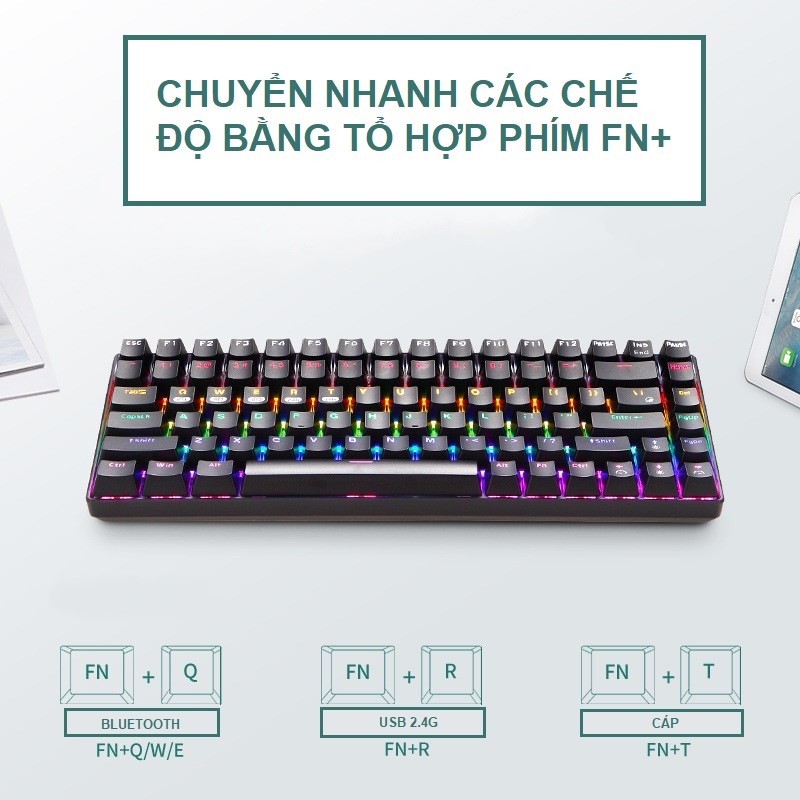 Bàn Phím Cơ không dây mini Đa kết nối RF84 Led Gaming cho máy tính