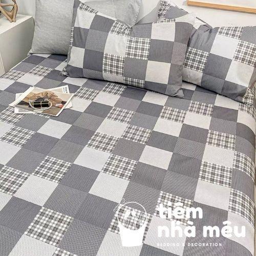 Bộ Chăn Ga Gối Cotton Livingm6/m8/2m-Tiệm Nhà MêuSet 4 Món 2 Vỏ gối ,drap , vỏ chăn Cotton 100% Caro Xám