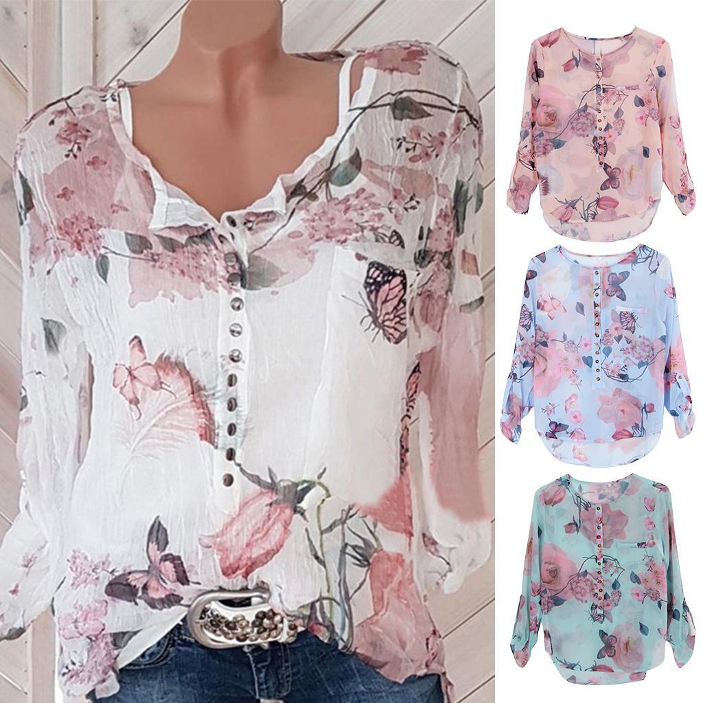 Fashion Bohemian Women’s Long Sleeves Butterfly Floral Print Chiffon Shirt Button Tops Blouse Plus Size