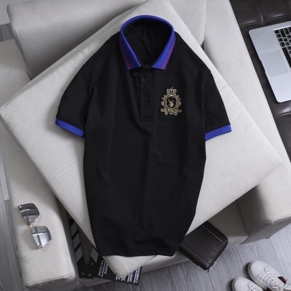 Áo Polo Nam LUZADO áo thun polo nam có cổ ngắn tay vải cá sấu cotton thêu họa tiết độc đáo phối cổ xanh đen cao cấp