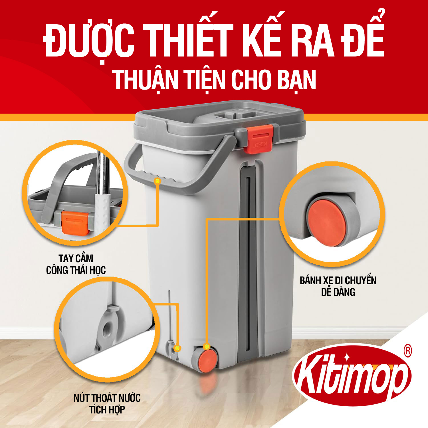 Bộ lau nhà cỡ lớn Kitimop-ProMax có thùng lau nhà tự vắt kèm bánh xe, cây lau nhà 360 độ giúp lau sàn làm sạch, 3 bông lau