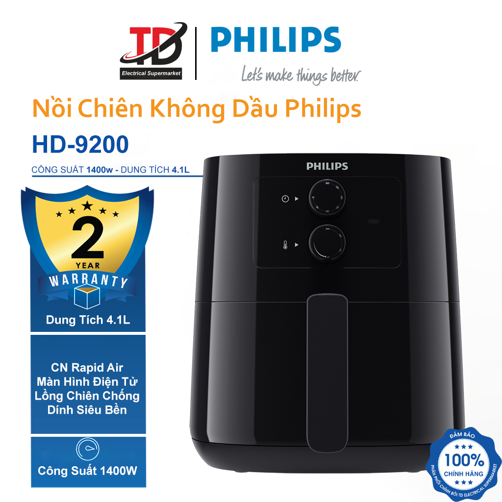 Nồi Chiên Không Dầu Philips HD9200 - 4.1Lit/1400W - Hàng Chính Hãng