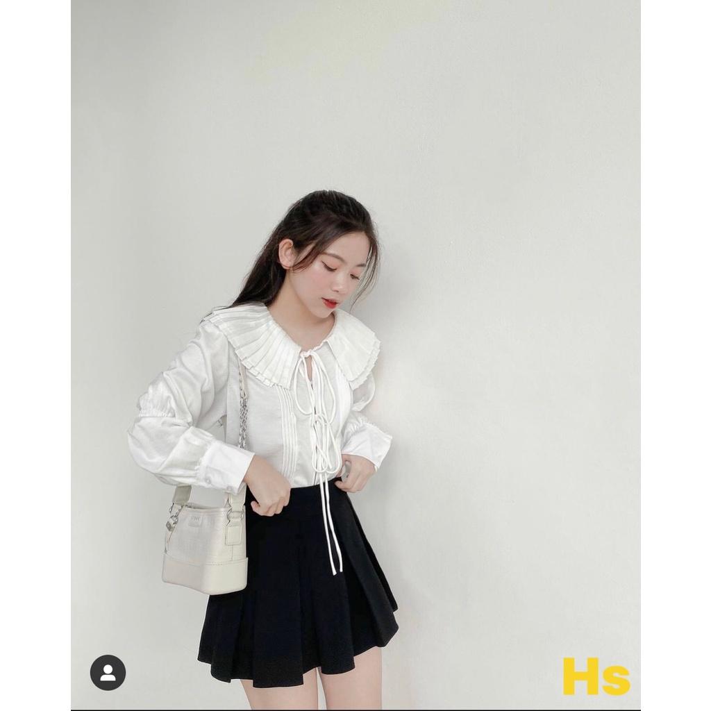 Áo Sơ Mi Nữ Lụa Trắng Cổ Bèo Xếp Ly Dây Buộc Dài Tay