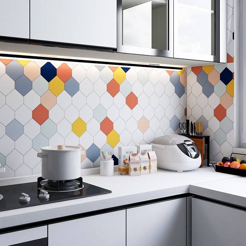 Decal dán bếp ô họa tiết lục giác sắc màu - lau chùi dễ dàng