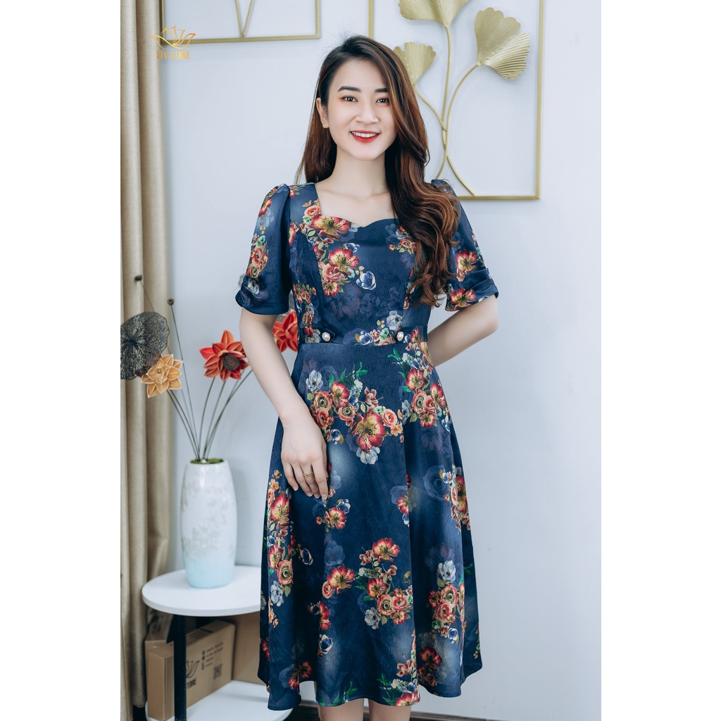 Đầm xòe thiết kế trung niên cao cấp sang trọng Cổ vuông tay ngắn màu Xanh hoa TTV STORE TTV1242