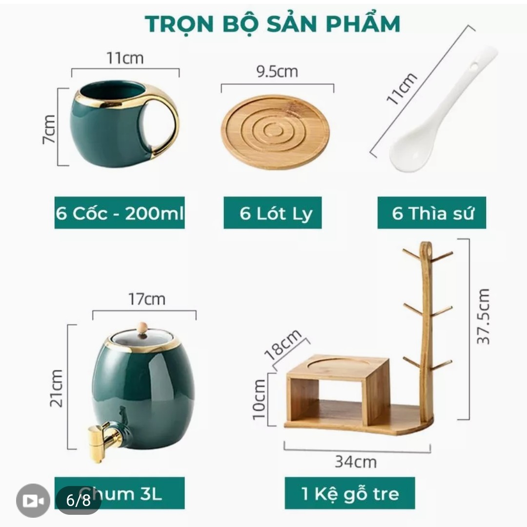 Bộ chum cốc sứ viền vàng kèm khay gỗ treo phong cách Bắc Âu