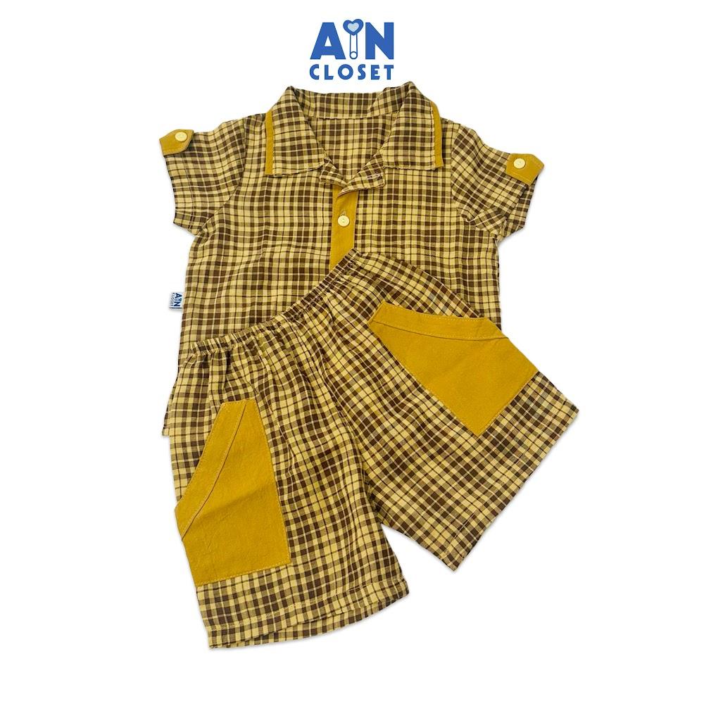 Bộ quần áo ngắn bé trai họa tiết Caro Vàng Nâu cotton - AICDBGHOXTGJ - AIN Closet