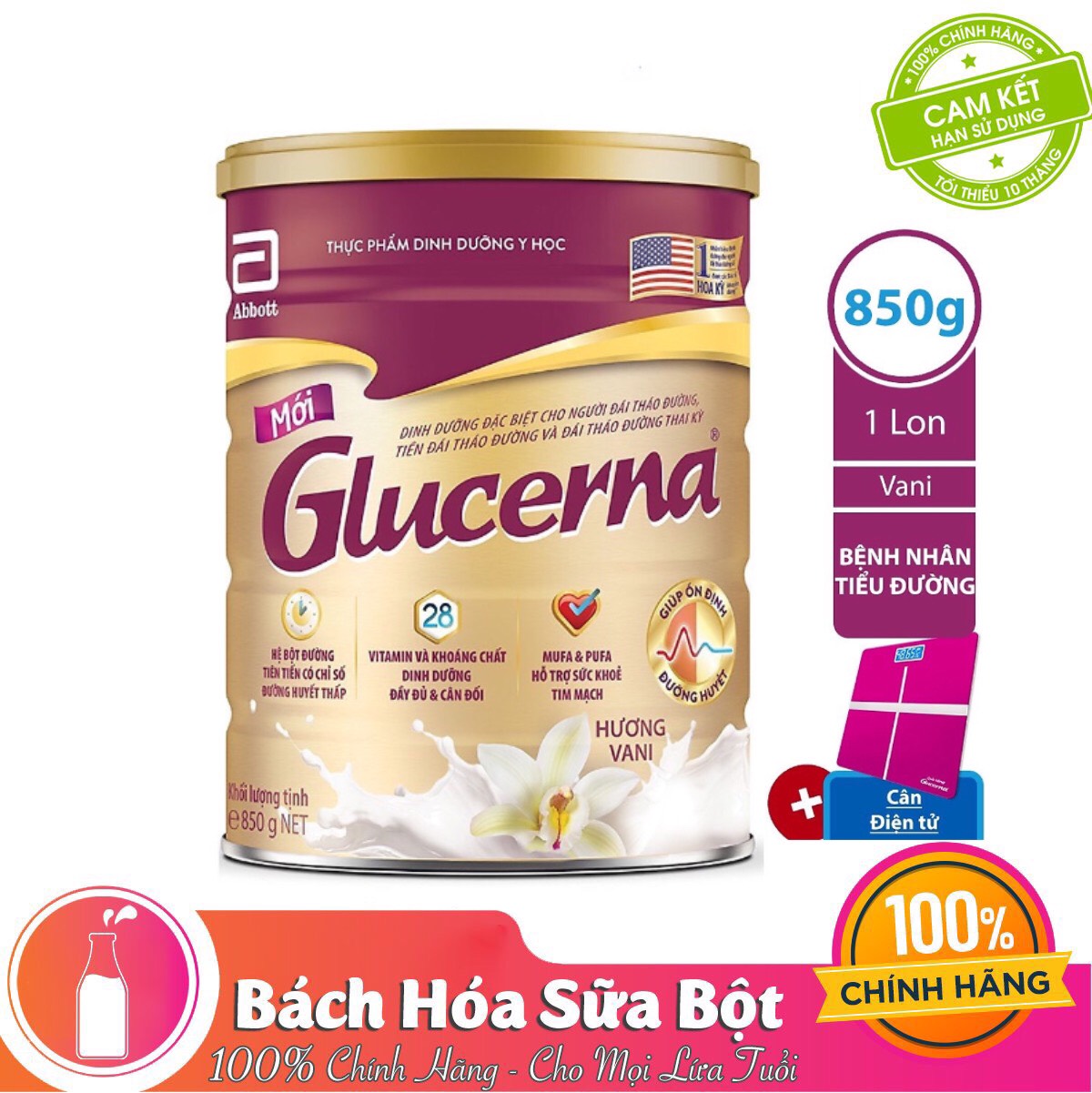 Sữa Bột Abbott Glucerna GLVLA Dành Cho Người Đái Tháo Đường Và Tiền Đái Tháo Đường (850g) - Tặng Cân Sức Khỏe Điện Tử Glucerna