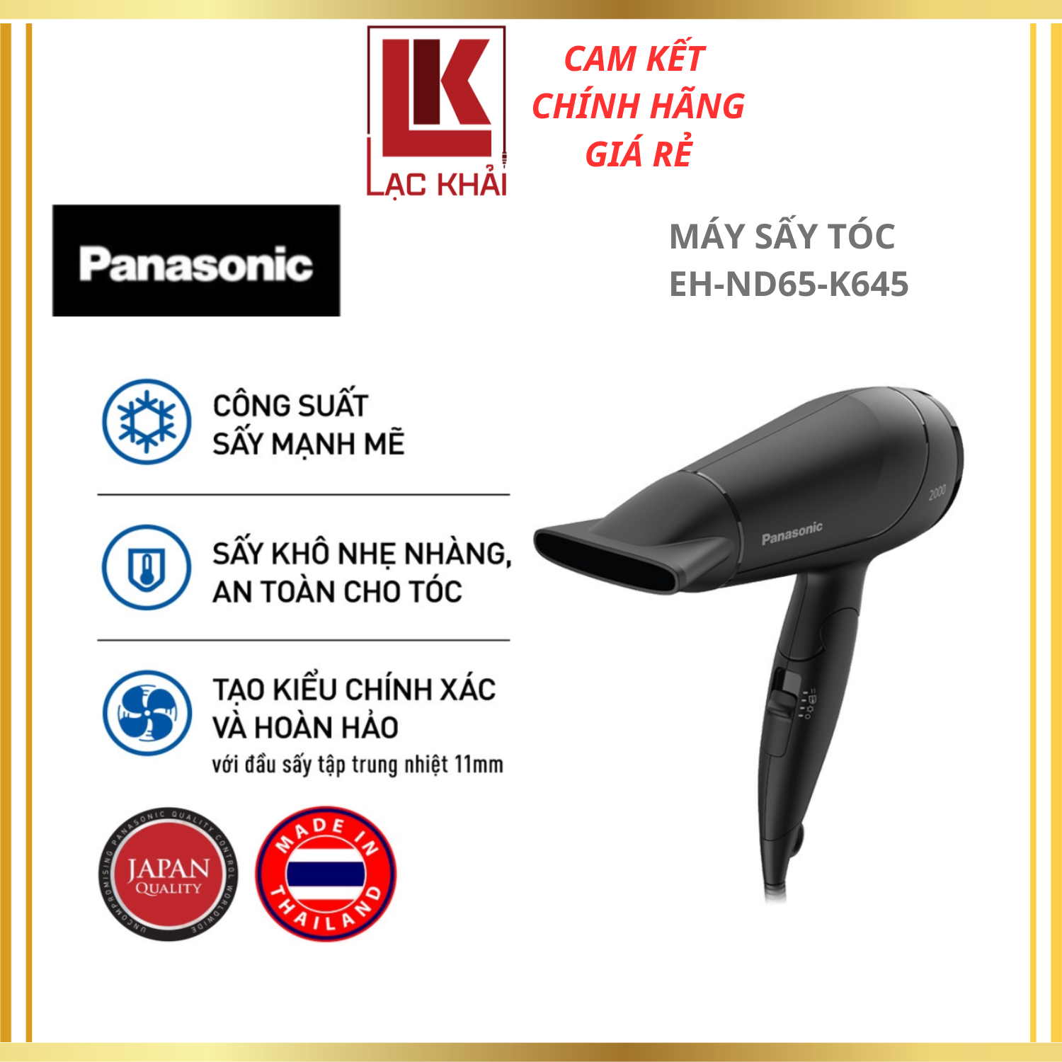 Máy sấy tóc Panasonic EH-ND65-K645 2000W – Hiệu quả công suất tương đương 2300W – Sấy nóng lạnh – Đầu sấy tạo kiểu 11mm - Hàng chính hãng - Bảo Hành Chính Hãng 12 tháng, Chất lượng Nhật Bản