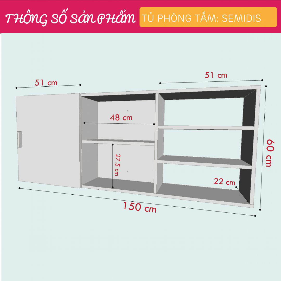 Tủ phòng tắm gỗ hiện đại SMLIFE Semidis | Gỗ MDF dày 17mm chống ẩm | D150xR22xC60cm