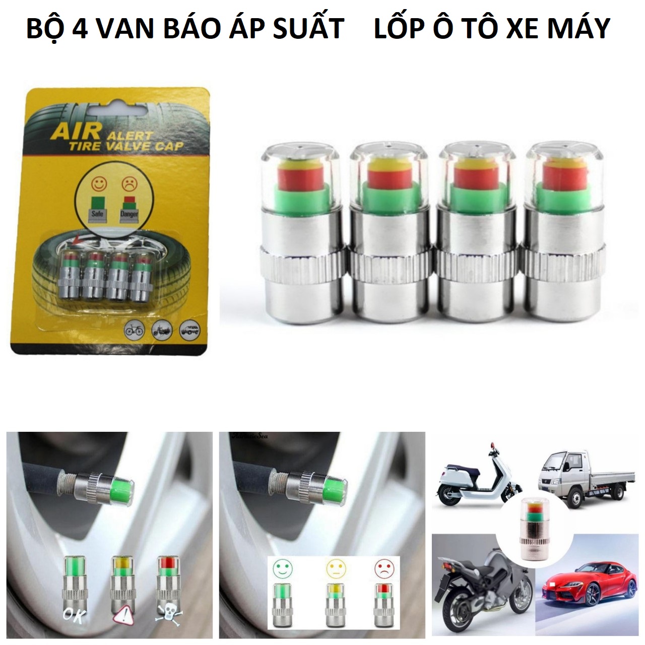 Bộ 4 nắp van cảm biến áp suất lốp ô tô hiển thị 3 màu giúp bạn lái xe an toàn
