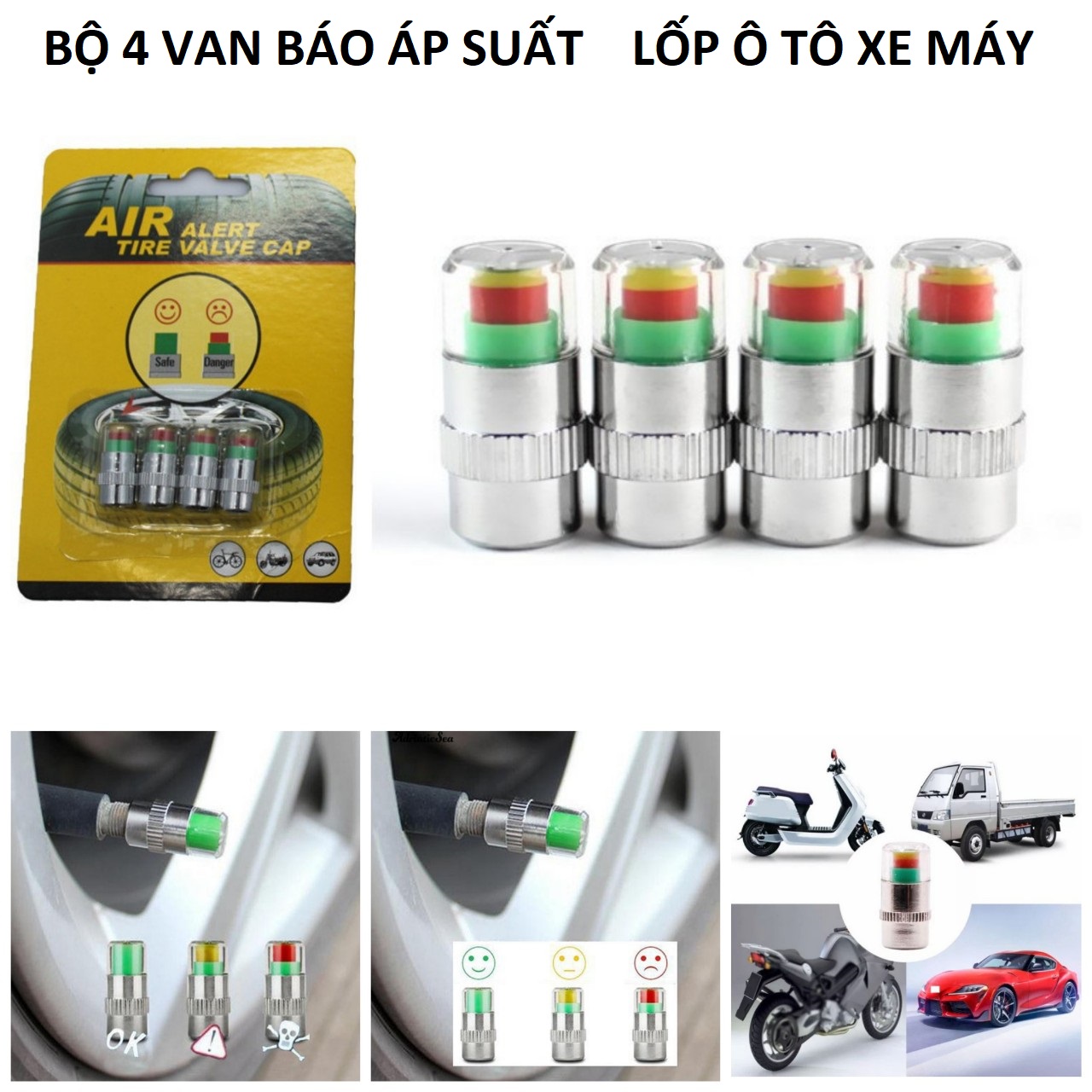 Bộ 4 nắp van báo áp suất lốp xe ô tô xe máy loại tốt