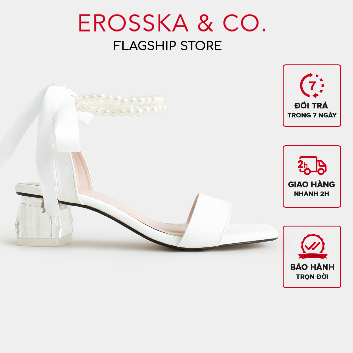 Erosska - Giày sandal cao gót đi học dây thắt nơ phối ngọc cao 4cm _ EB048