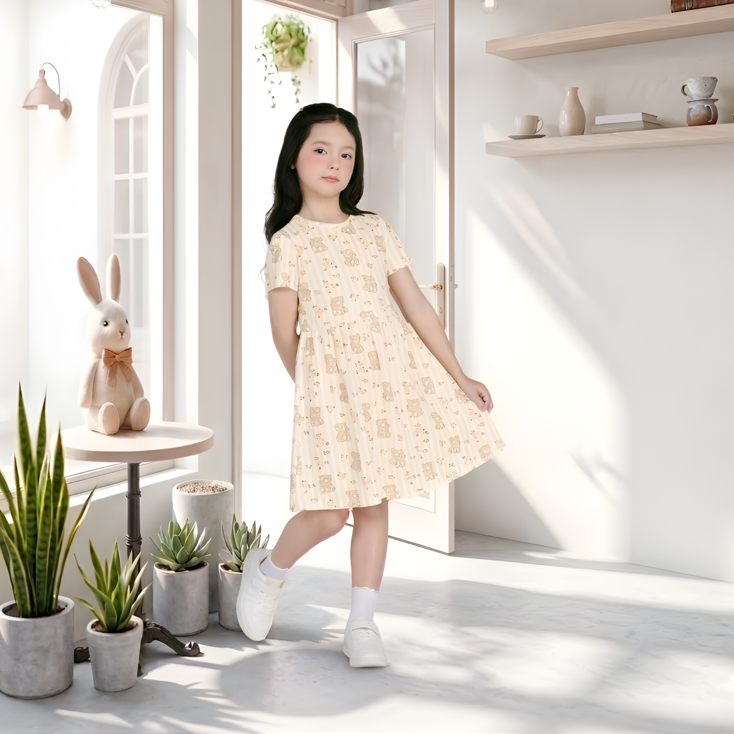 Váy hè bé gái Bigfox Miss Meow ngắn tay size đại vải thun cotton in gấu cho trẻ em 3-11 tuổi 35kg