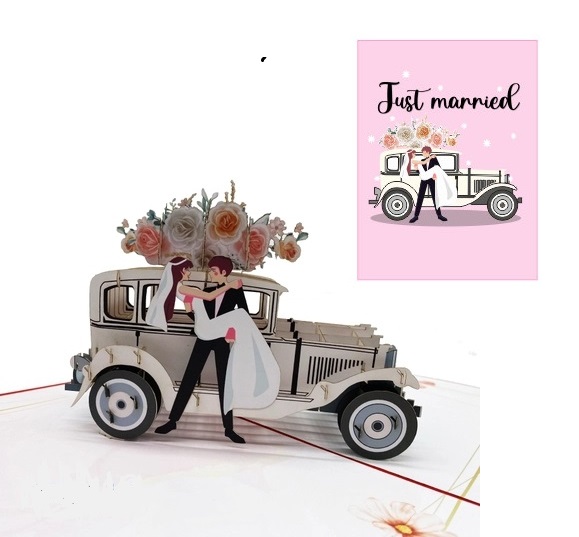 Thiệp 3D Pop Up Xe Cưới Cổ Điển Just Married – Thiệp Chúc Mừng Đám Cưới, Thiệp Wedding Sang Trọng, W11