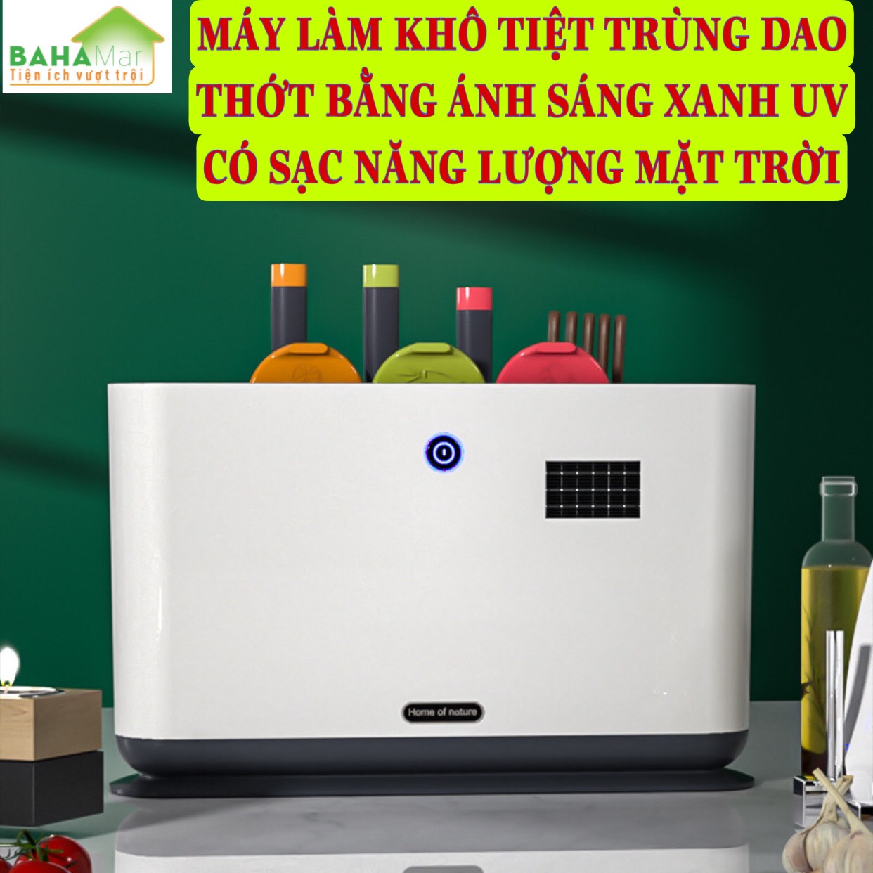 MÁY LÀM KHÔ TIỆT TRÙNG DAO THỚT BẰNG ÁNH SÁNG XANH UV CÓ SẠC NĂNG LƯỢNG MẶT TRỜI (KÈM THEO 3 THỚT) &quot;BAHAMAR&quot; Có sạc năng lượng ánh sáng,  có hệ thống khử trùng bằng ánh sáng xanh,  làm khô bằng không khí