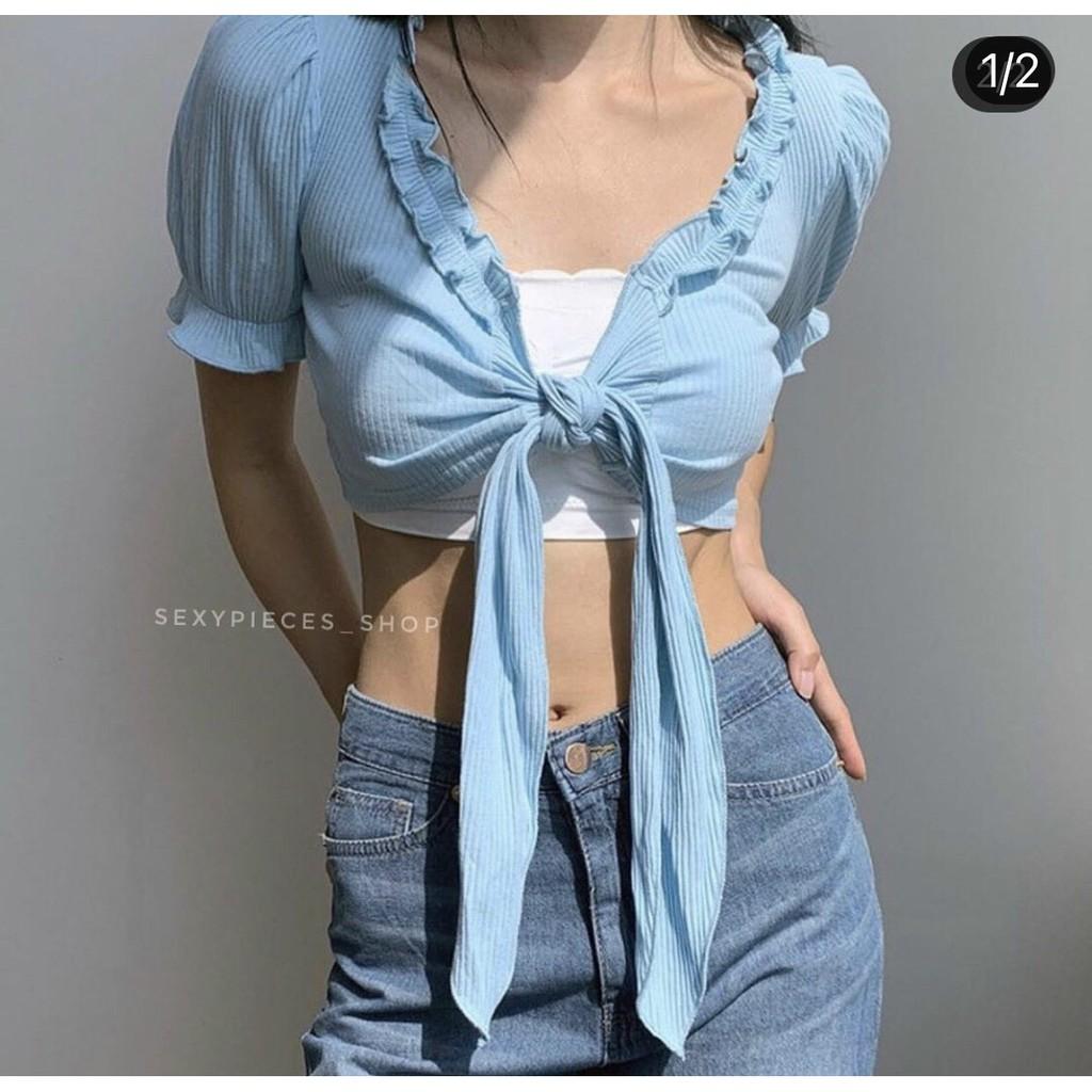 Áo thun gân viền bèo cột nơ ngực siêu xinh hot hit cho bạn gái, tôn dáng, siêu xinh đủ màu, mẫu mới sexy