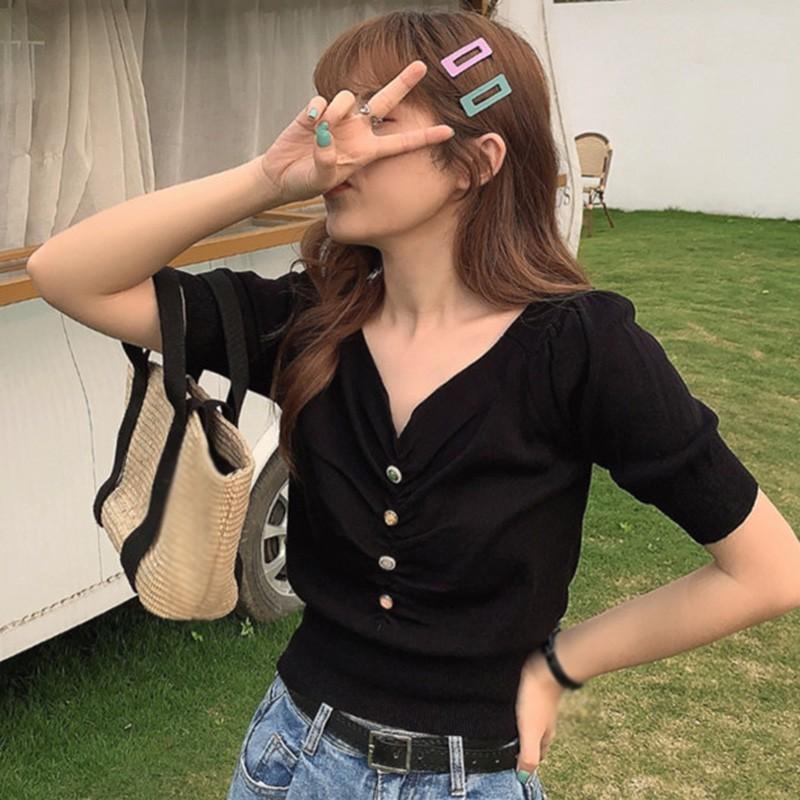 Áo Thun Dệt Kim Tay Phồng Cổ Chữ V Màu Trơn Thời Trang Cho Nữ