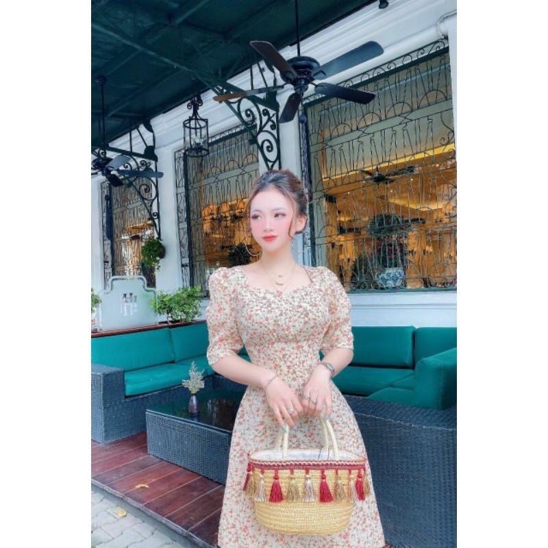 Váy đầm thiết kế hoa nhí tiểu thư cổ vuông tay bồng ulzzang