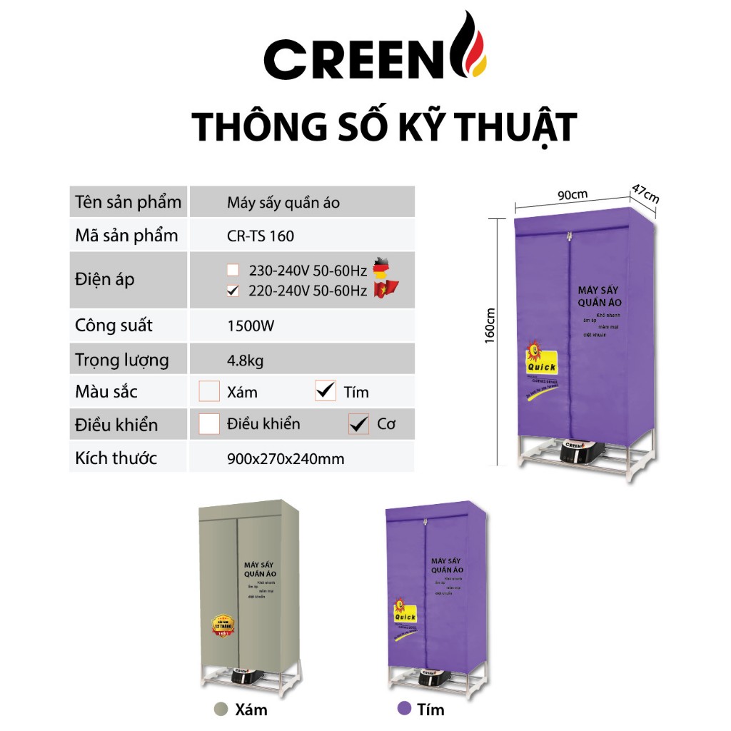 Máy sấy quần áo 2 tầng Creen CR-TS160 công suất 1500W, khối lượng sấy 20kg, sấy khô tĩnh học - Hàng chính hãng