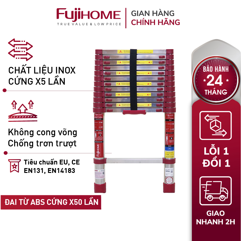 Thang inox rút đơn gấp gọn 3,8M - 5,4M  chính hãng FUJIHOME, thang rút xếp gọn gia đình đa năng - Hàng chính hãng