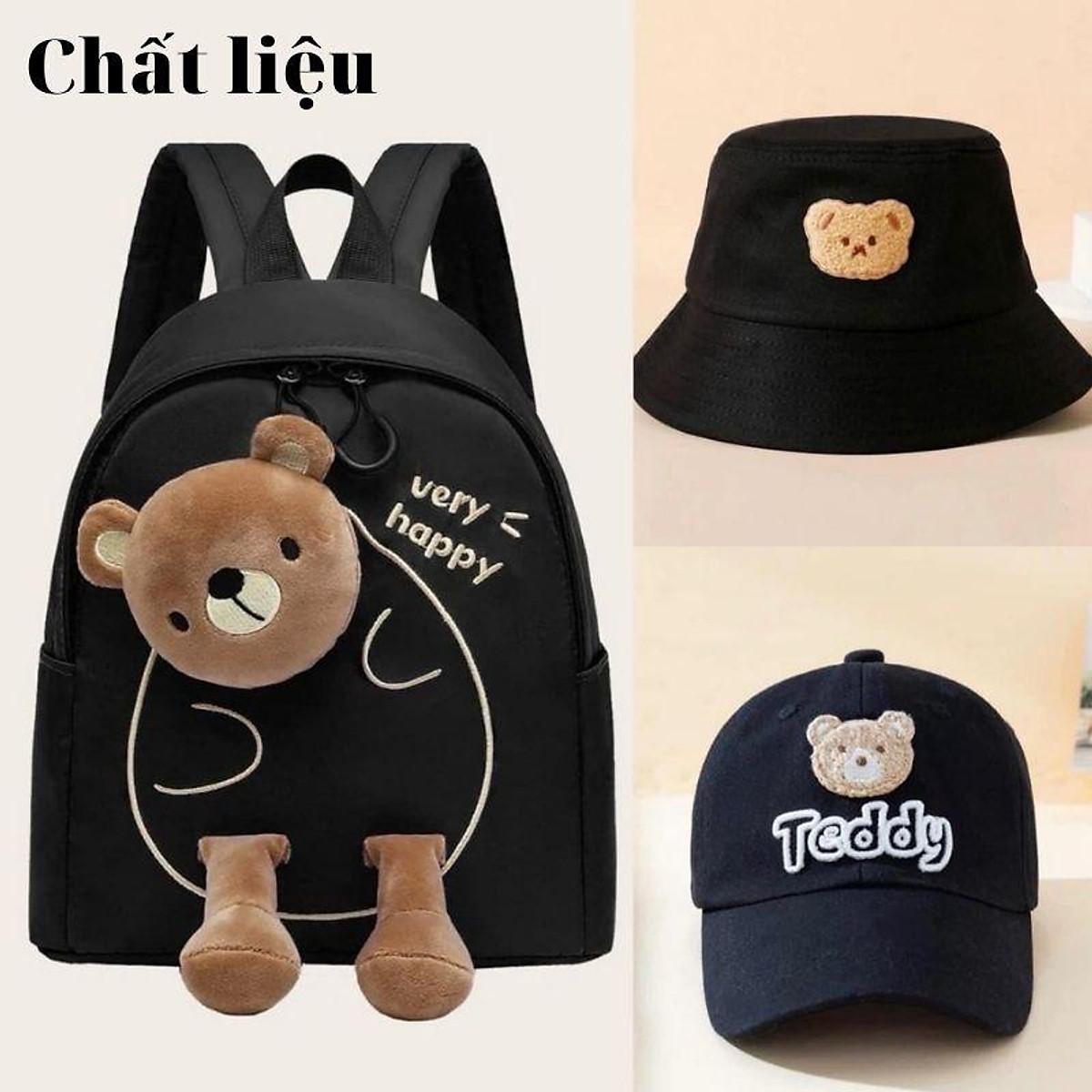 Set Balo cho bé trai - gái mầm non kèm nón mũ , ba lô trẻ em mẫu giáo hình gấu Teddy siêu nhẹ chống nước ngộ nghĩnh. - Balo + mũ lưỡi chai