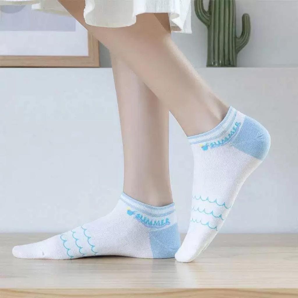 Tất nữ cổ ngắn cotton trắng xanh phong cách Hàn Quốc - Tất cute Havana FPT09