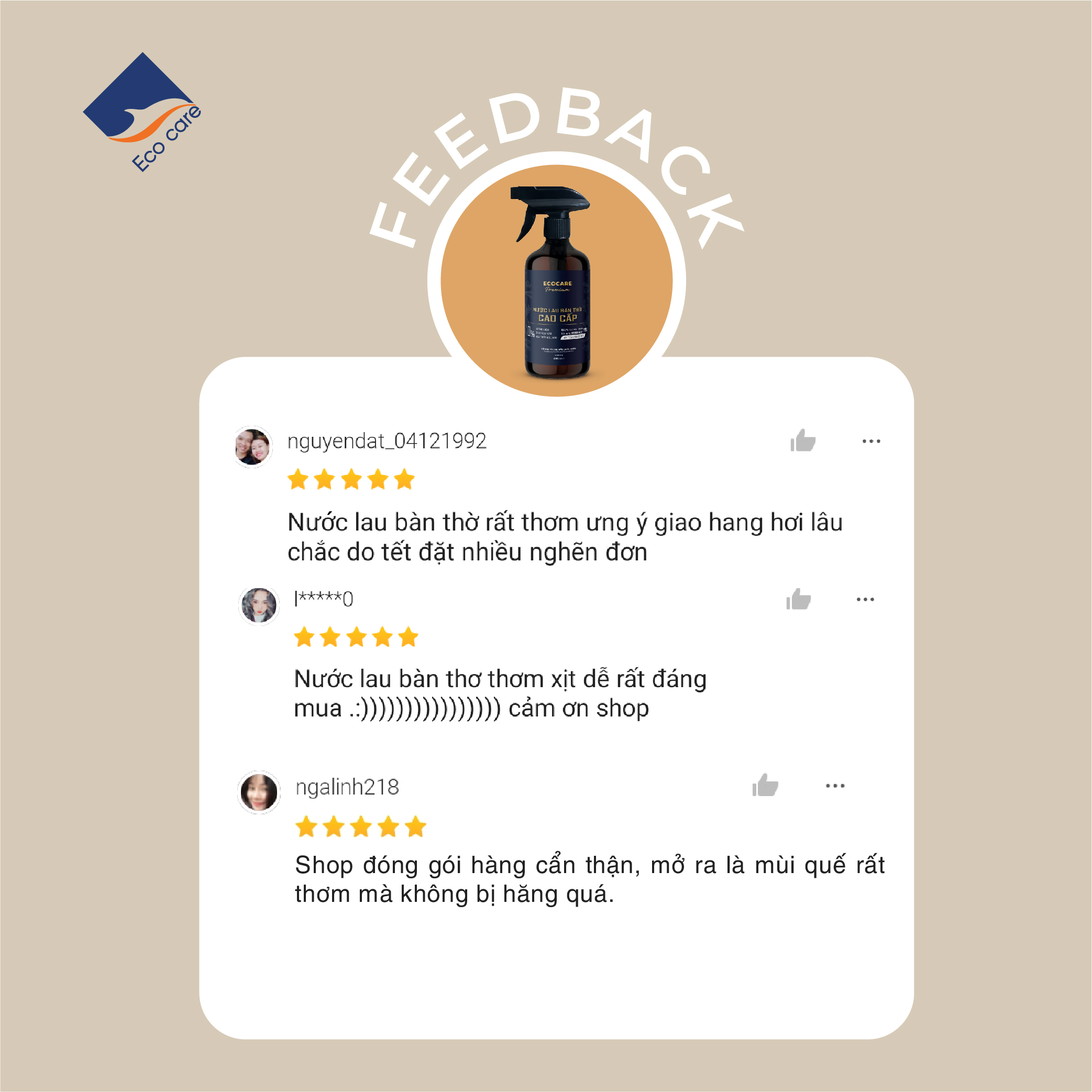 Nước Lau Bàn Thờ Cao cấp Ecocare 300ml kết hợp giữa Trầm Hương và Quế giúp tẩy uế, mang lại vượng khí