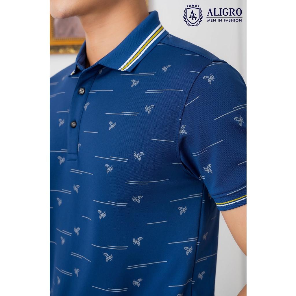 Áo polo, áo phông, áo thun cổ bẻ nam màu navy in thân Aligro chất liệu cotton, không xù, không bám dính ALGPLO68