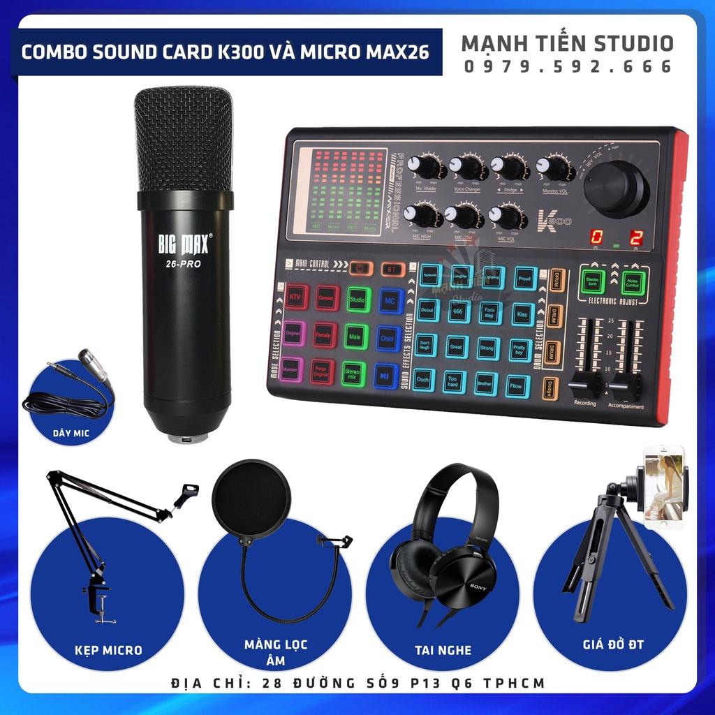 combo micro Big max 26 pro + sound card K3000 thu âm livestream karaoke chân kẹp míc, màng lọc âm tai nghe kẹp bạch tuộc