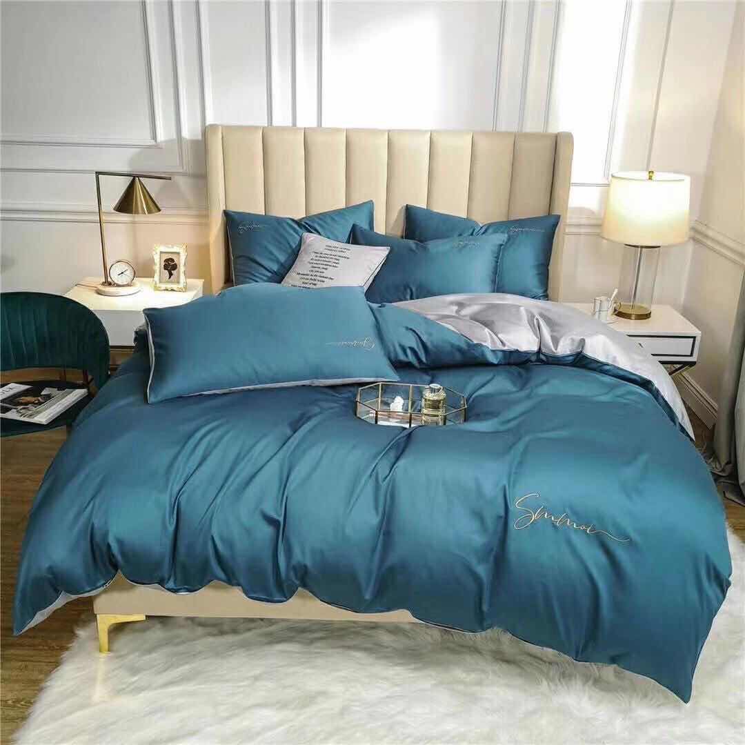 Bộ Vỏ Chăn Ga Gối Lụa Tencel Sumoi 5 Món - Xanh Phối Ghi