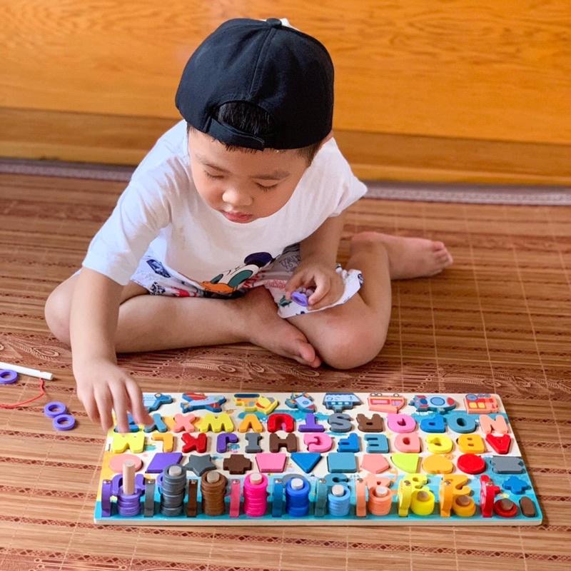 Đồ chơi Câu cá gỗ 7 trong 1 kèm hình khối, số, chữ và phương tiện
