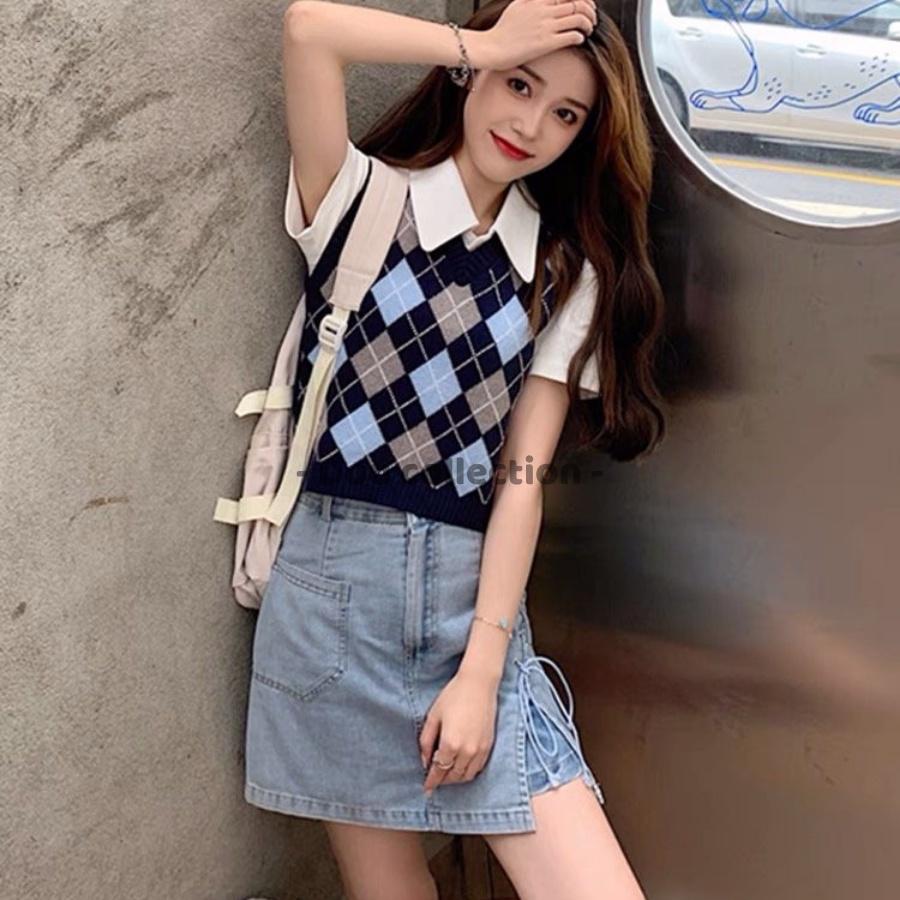 Áo Gile Họa Tiết Caro Vintage Áo Len Không Tay Cổ V Cá Tính Thời Trang Thu Đông - Mã TA002