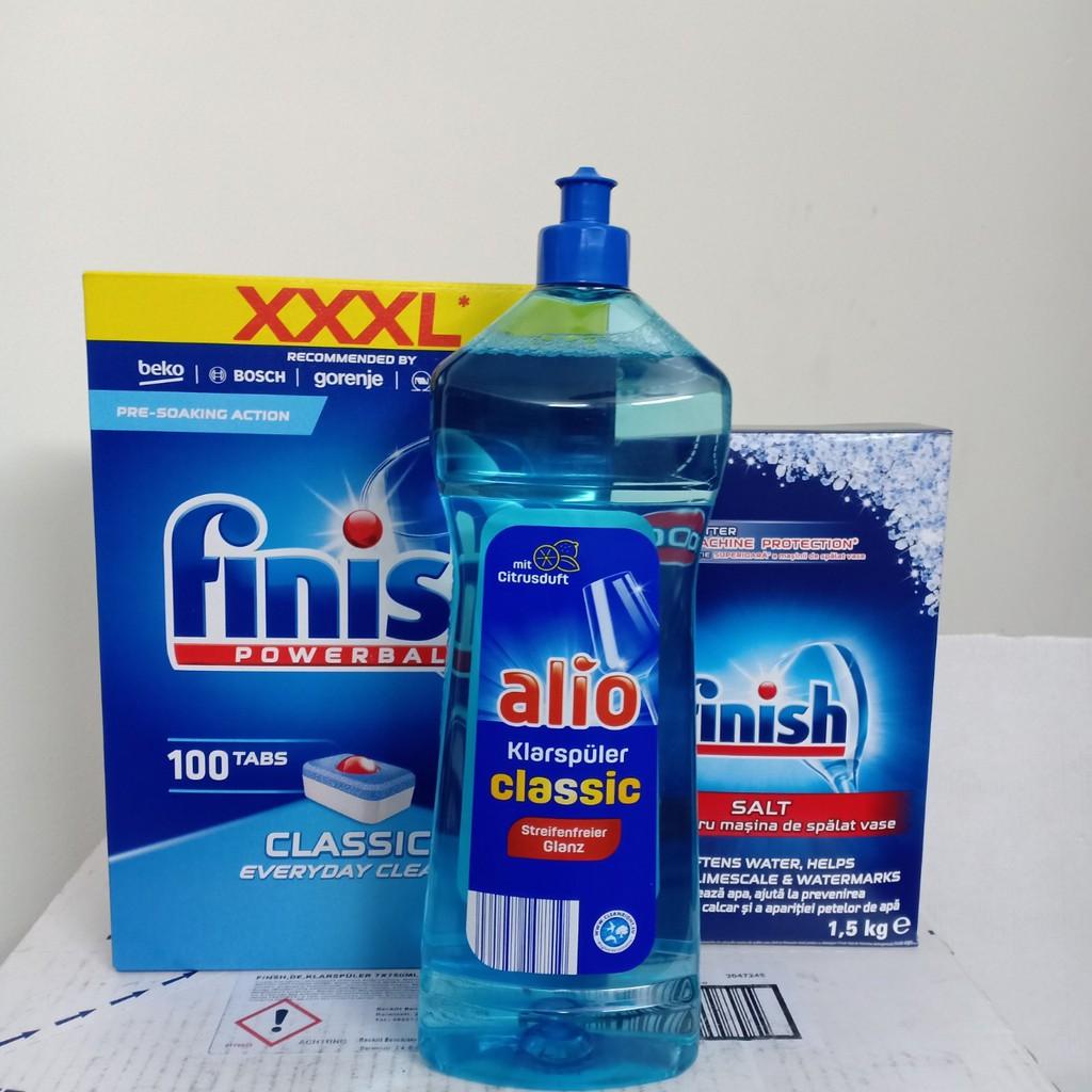 Combo 100 Viên finish + 1000ml nuớc làm bóng Bóng alio + 1.2kg muối rửa bát finish dùng cho Máy rửa bát