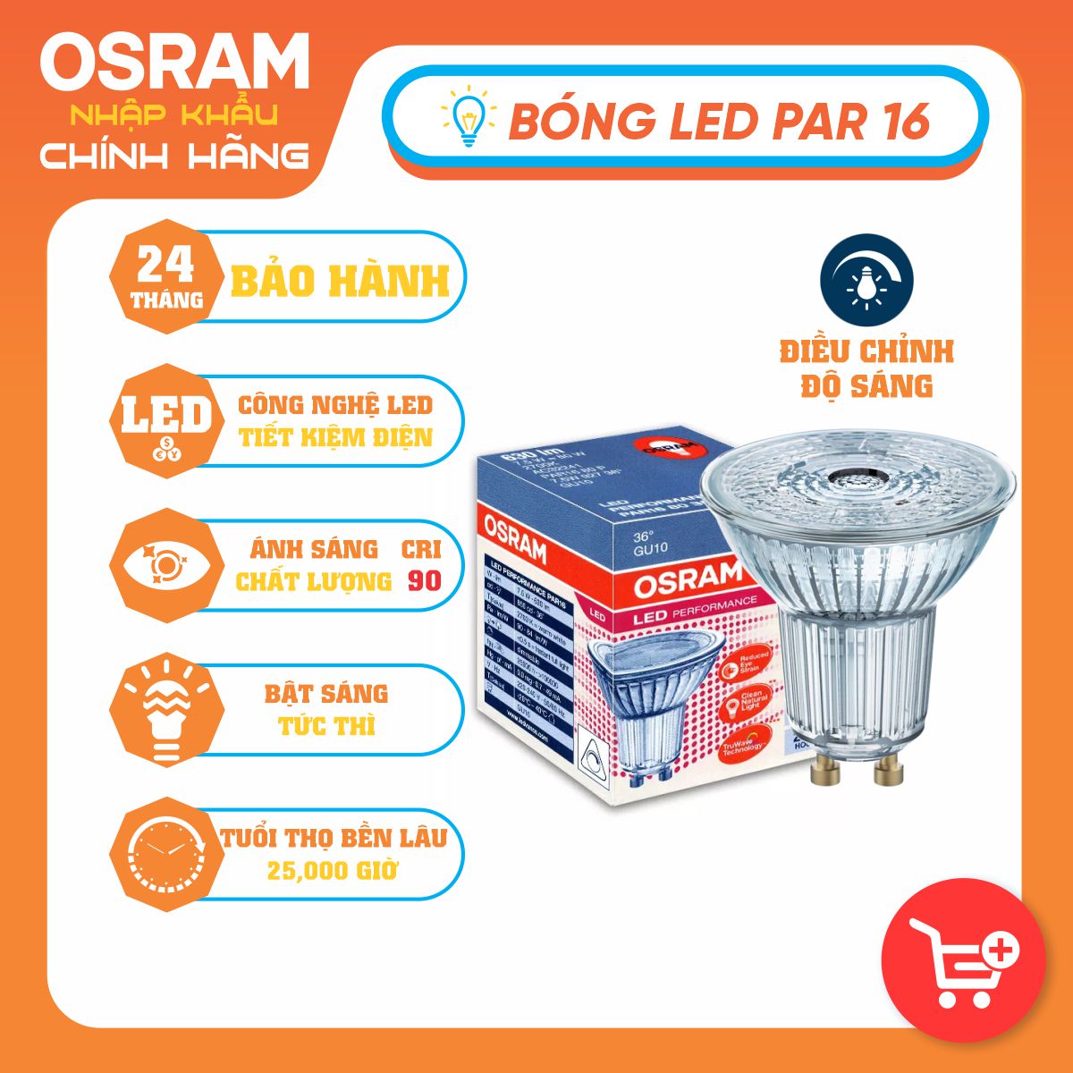 Bóng đèn rọi LED PERFORMANCE PAR16 36° 7.5W 230V CRI 90 GU10 Dimmable OSRAM - LEDVANCE