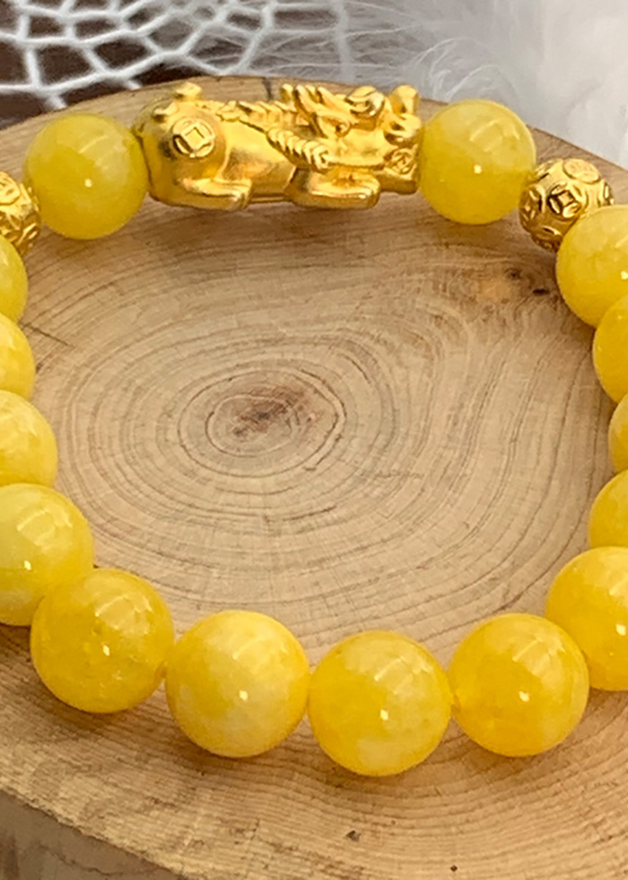 Vòng Đá Thạch Anh Vàng Vân 10 Ly Charm Tỳ Hưu Bạc Si
