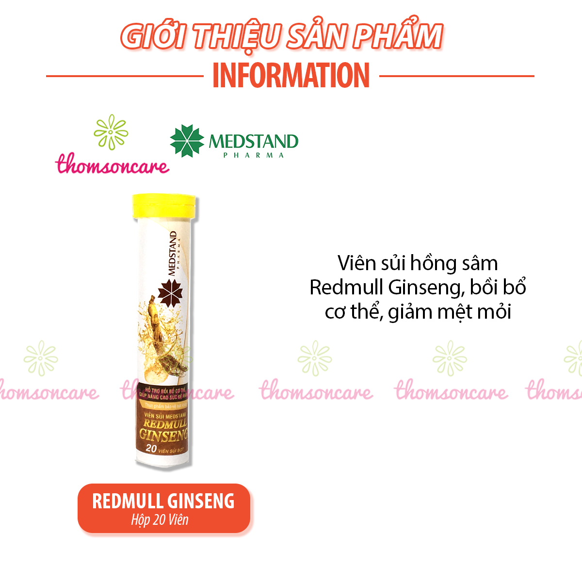 Viên sủi giảm mệt mỏi từ nhân sâm và vitamin - Redmull Ginseng medstand - Tuýp 20 viên tăng sức đề kháng