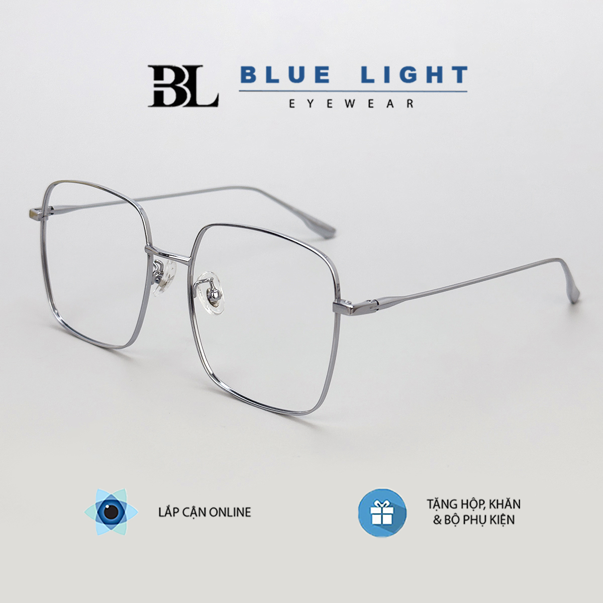 Gọng Kính Cận, Kính Giả Cận Nam Nữ TITANIUM - BLUE LIGHT Cao Cấp Siêu Nhẹ, Vuông To, Full Đen, Bạc