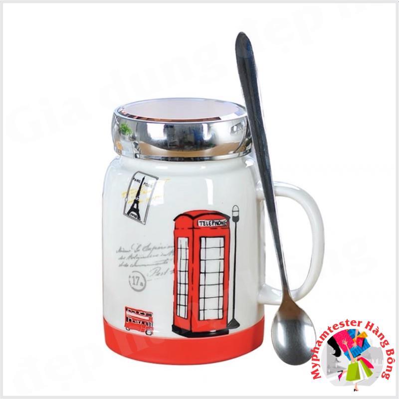 Cốc sứ uống nước hoạ tiết nắp gương kèm thìa inox 500ml