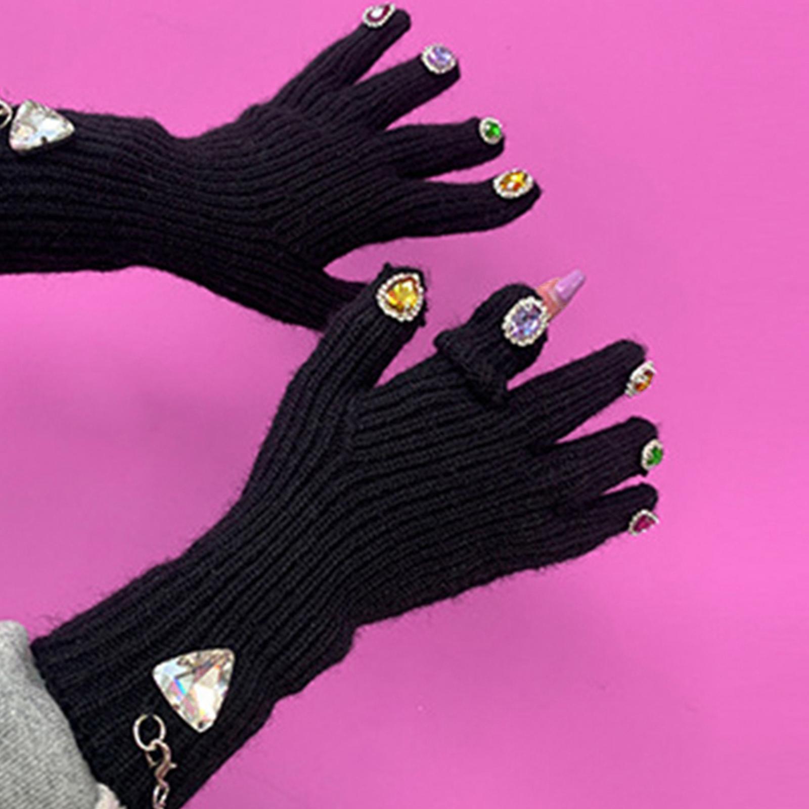 Women Winter Warm Gloves Faux Rhinestone Full Finger Thermal Gloves Elastic